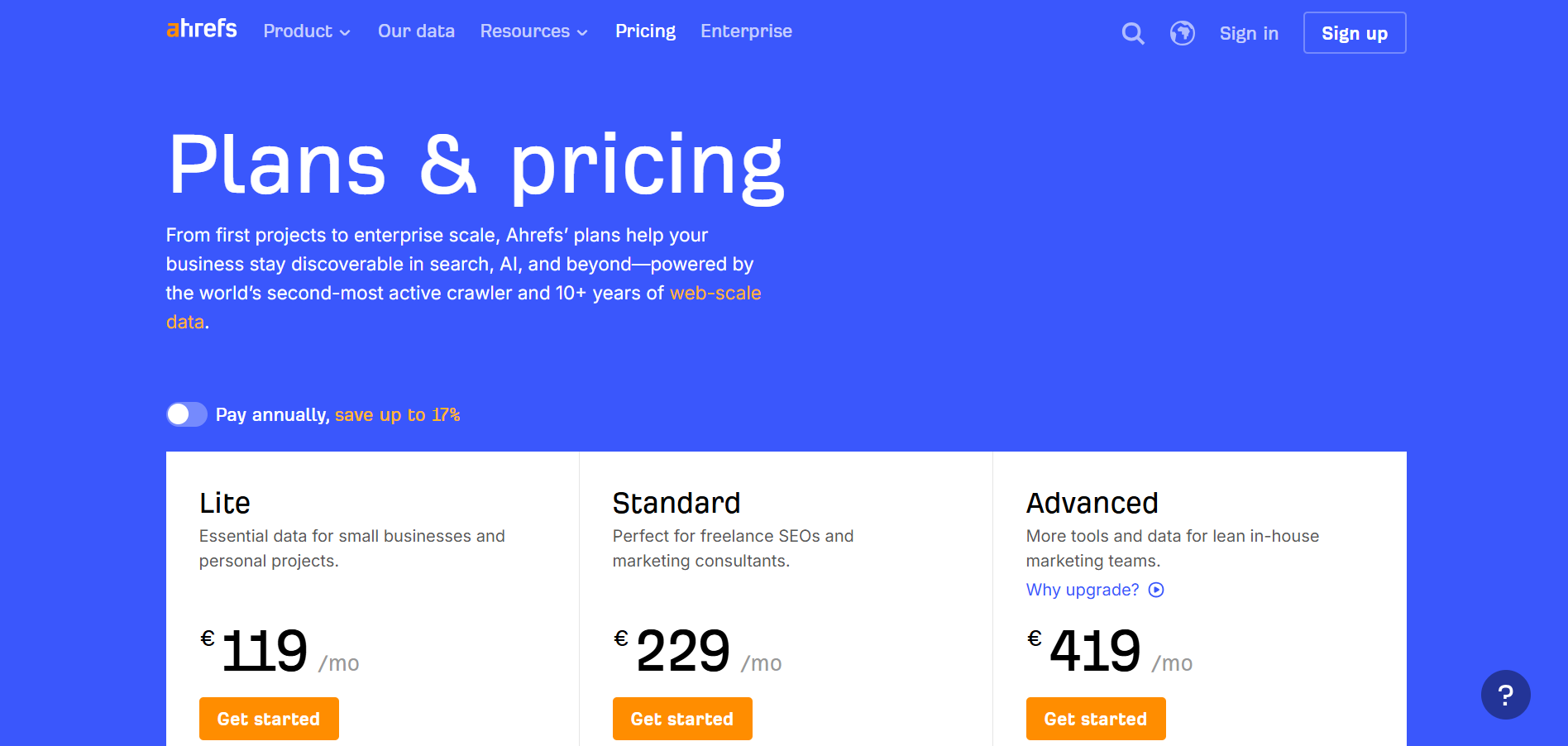 Ahrefs pricing plans showing the Lite plan starting at $129/month