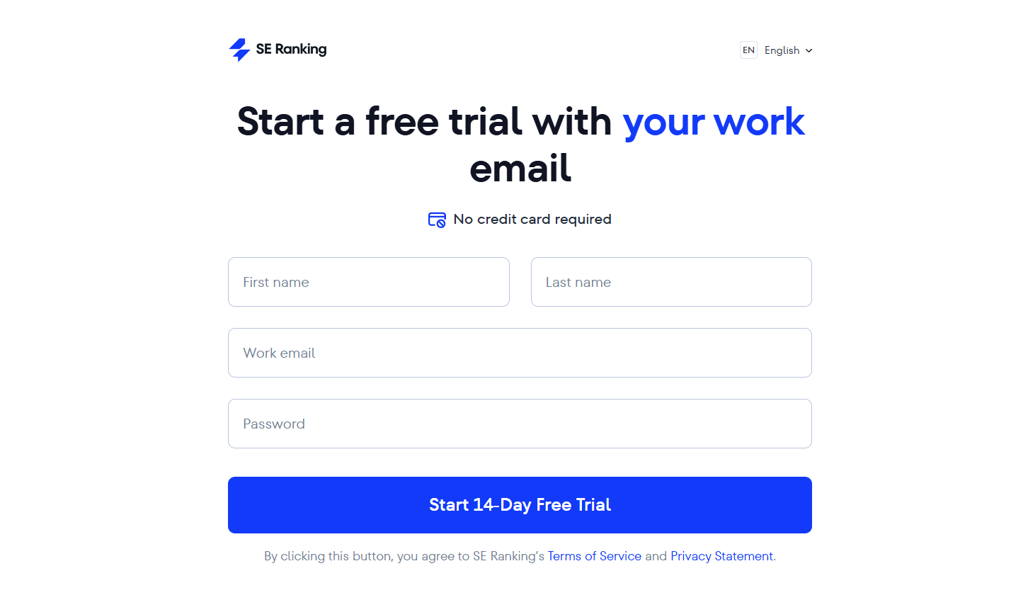 SE Ranking free trial sign-up page with email field and Start 14-Day Free Trial button no credit card required