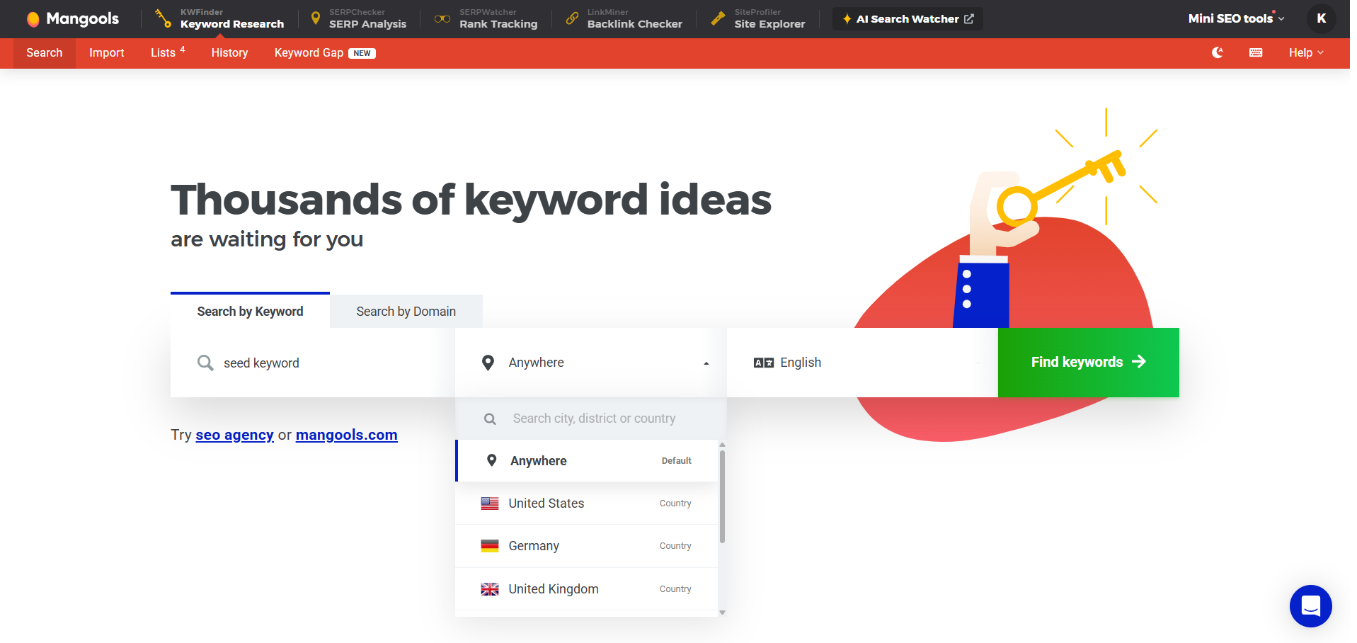 KWFinder location dropdown menu set to "Anywhere" for worldwide keyword search volume